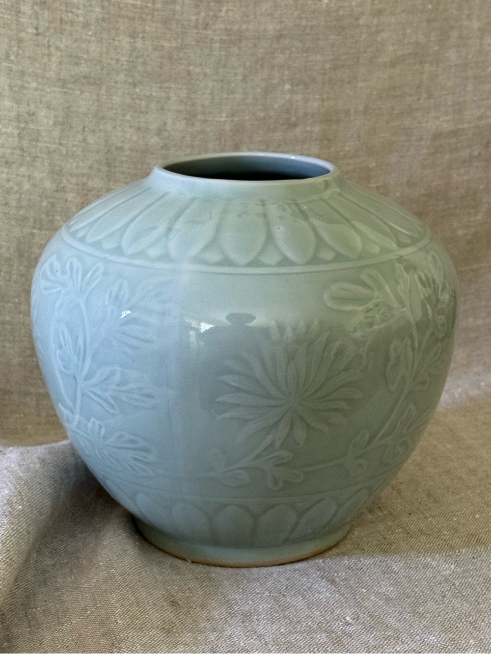 vintage Asian celadon orb vase mid century lotus chrysanthemum